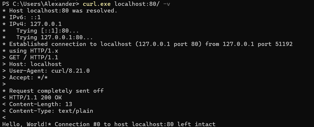 PowerShell curl request receiving a 200 OK and Hello, World response from HTTP-PyServer on localhost